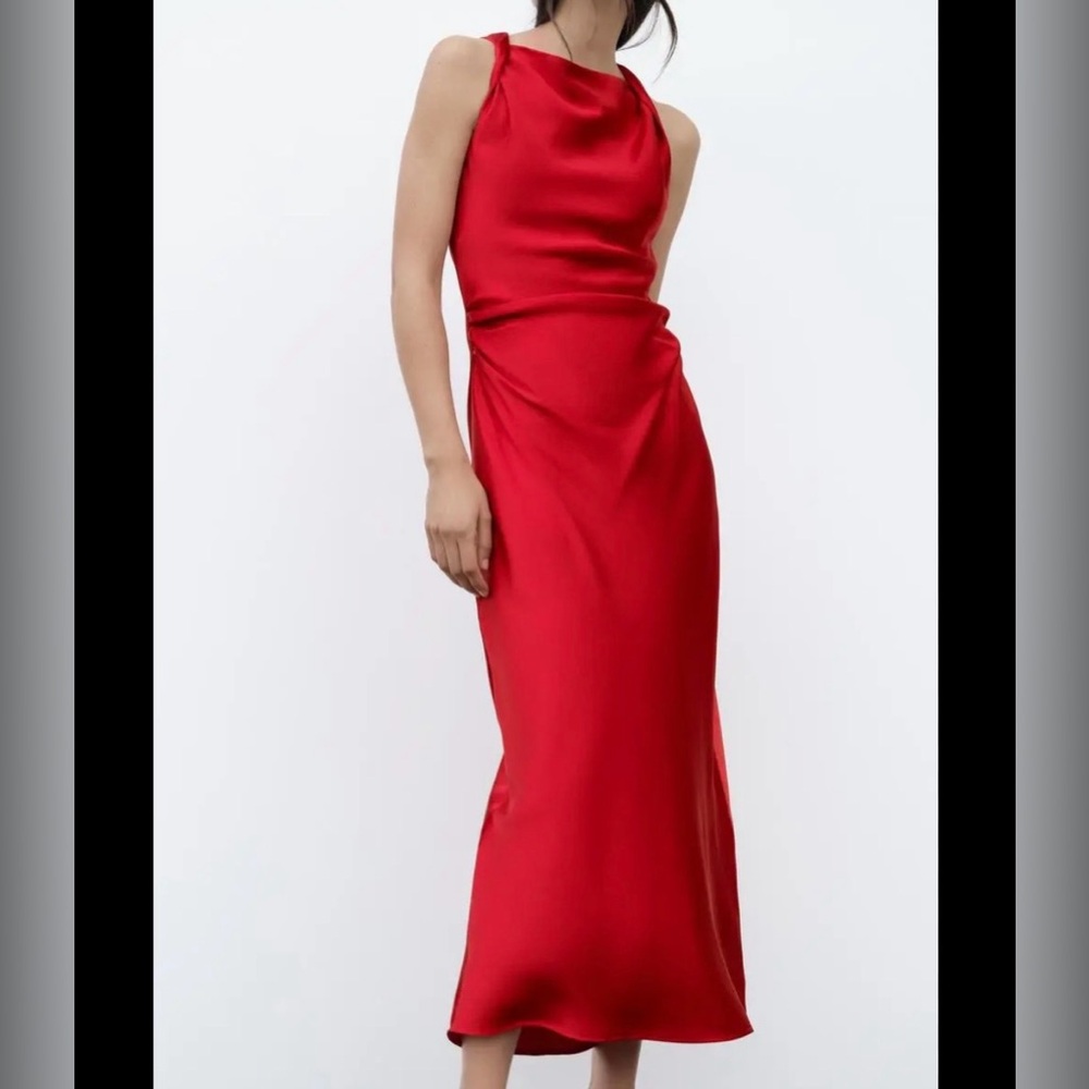 Zara Red Satin Cowl Neck Maxi Dress